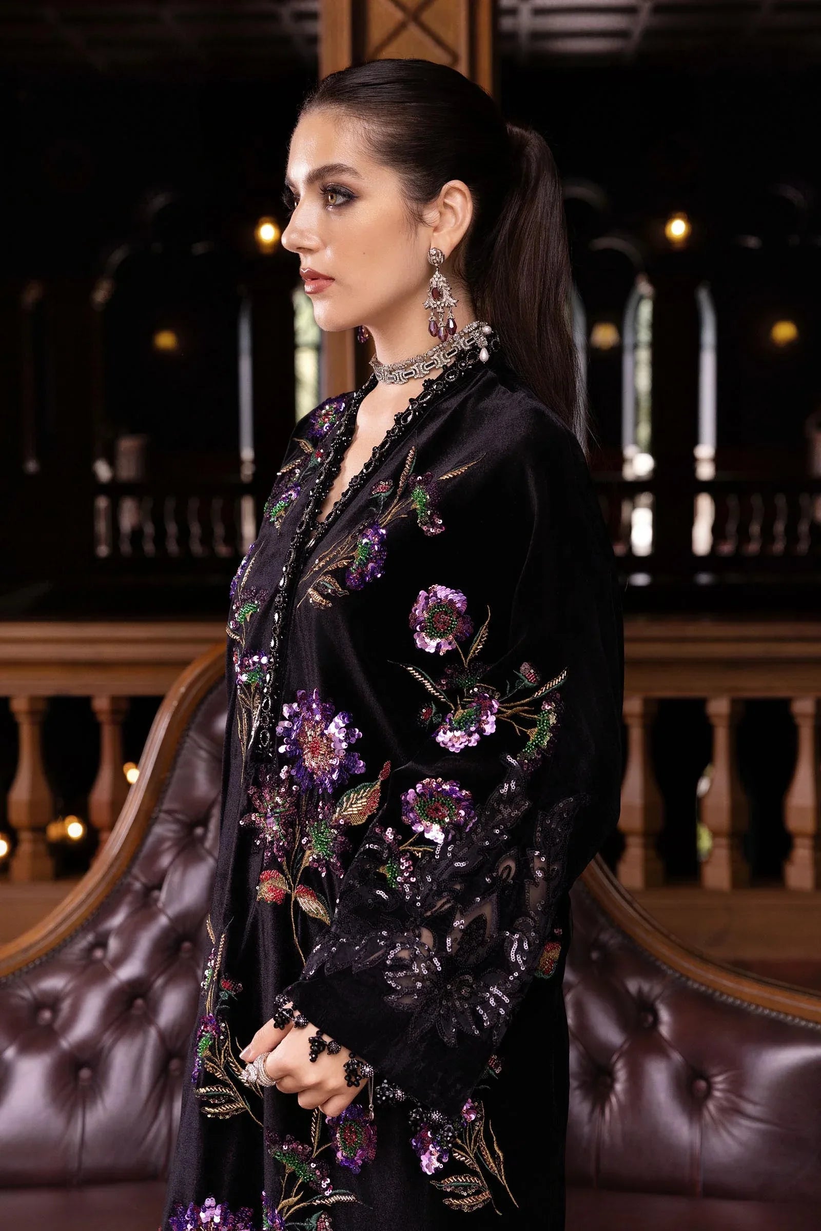 3 Piece Embroidered Velvet Suit - Aqsa Fabrics
