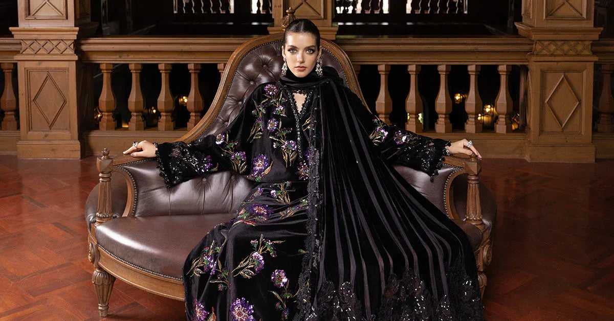 3 Piece Embroidered Velvet Suit - Aqsa Fabrics