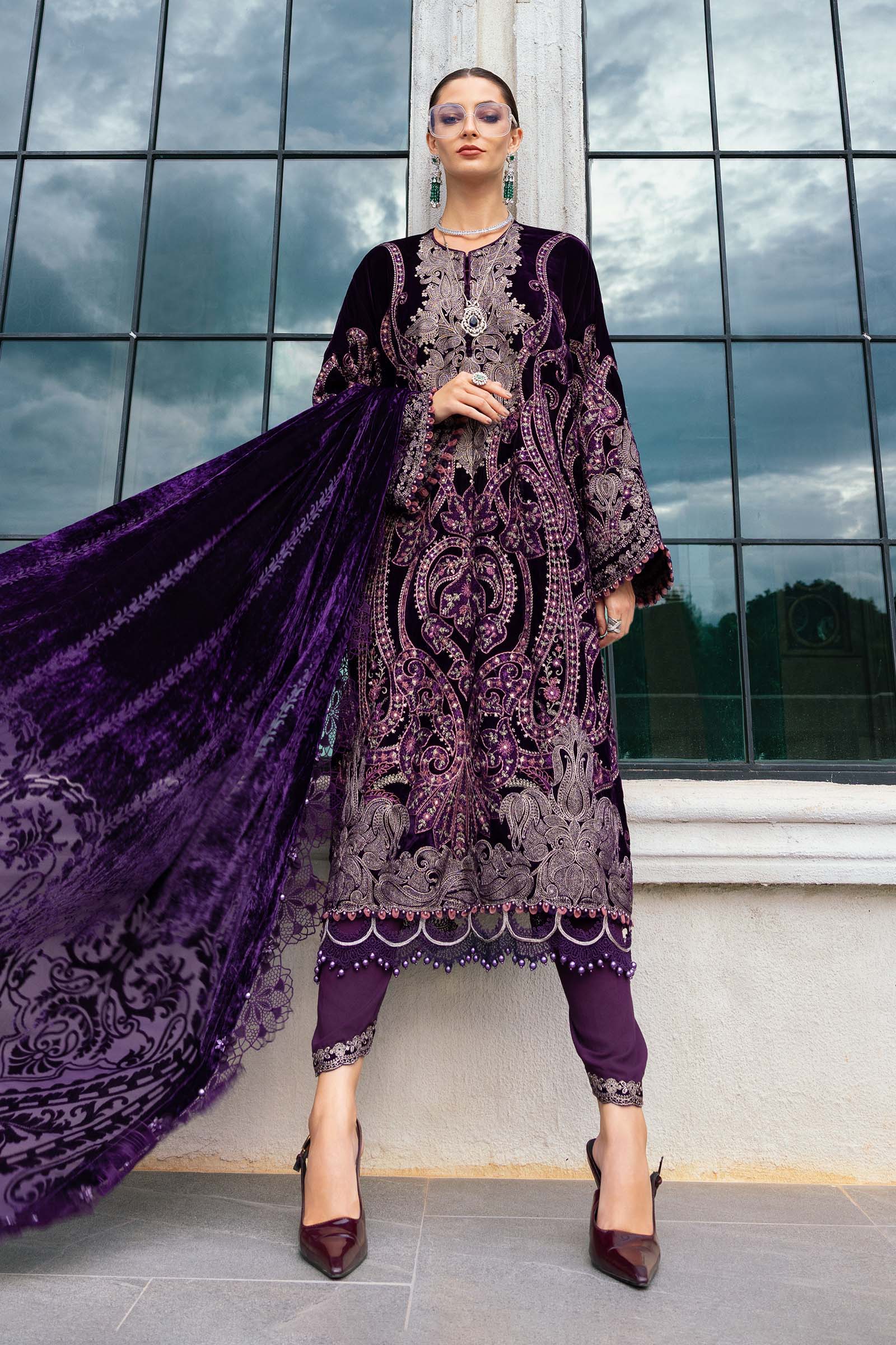 3 Piece Unstitched Embroidered Velvet Suit - Aqsa Fabrics
