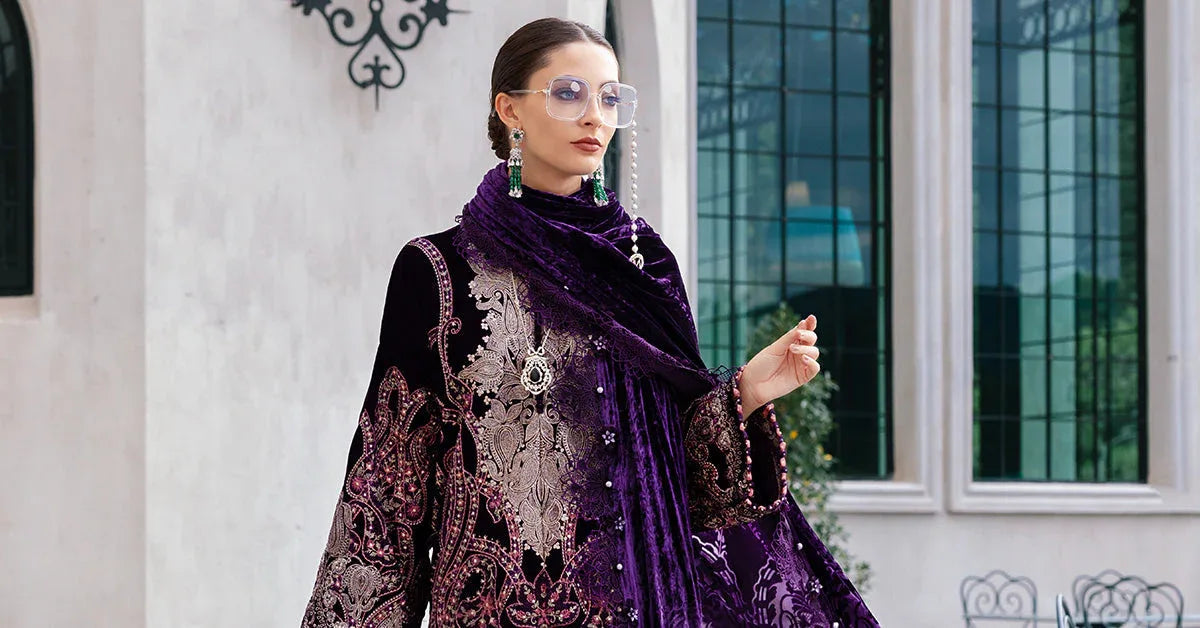 3 Piece Unstitched Embroidered Velvet Suit - Aqsa Fabrics