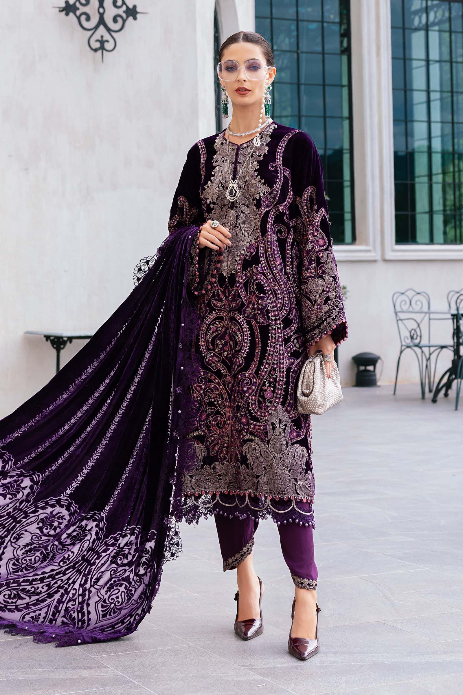 3 Piece Unstitched Embroidered Velvet Suit - Aqsa Fabrics