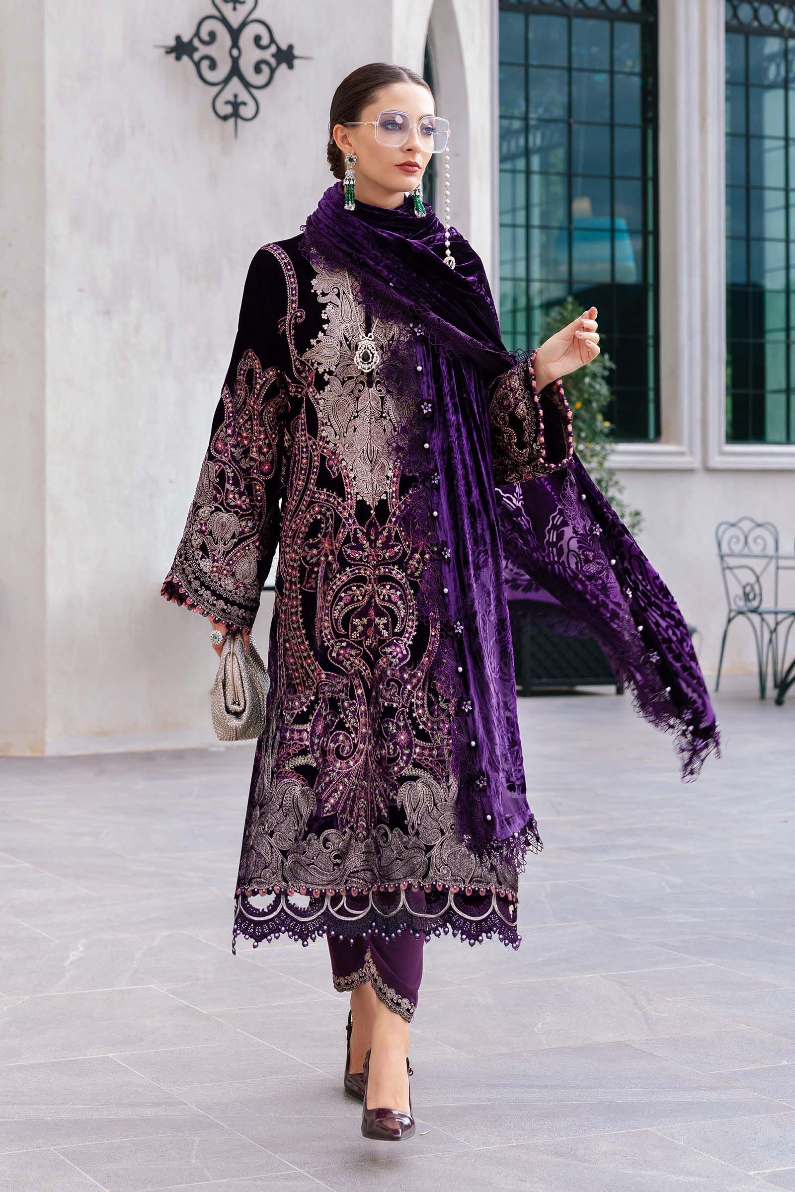 3 Piece Unstitched Embroidered Velvet Suit - Aqsa Fabrics