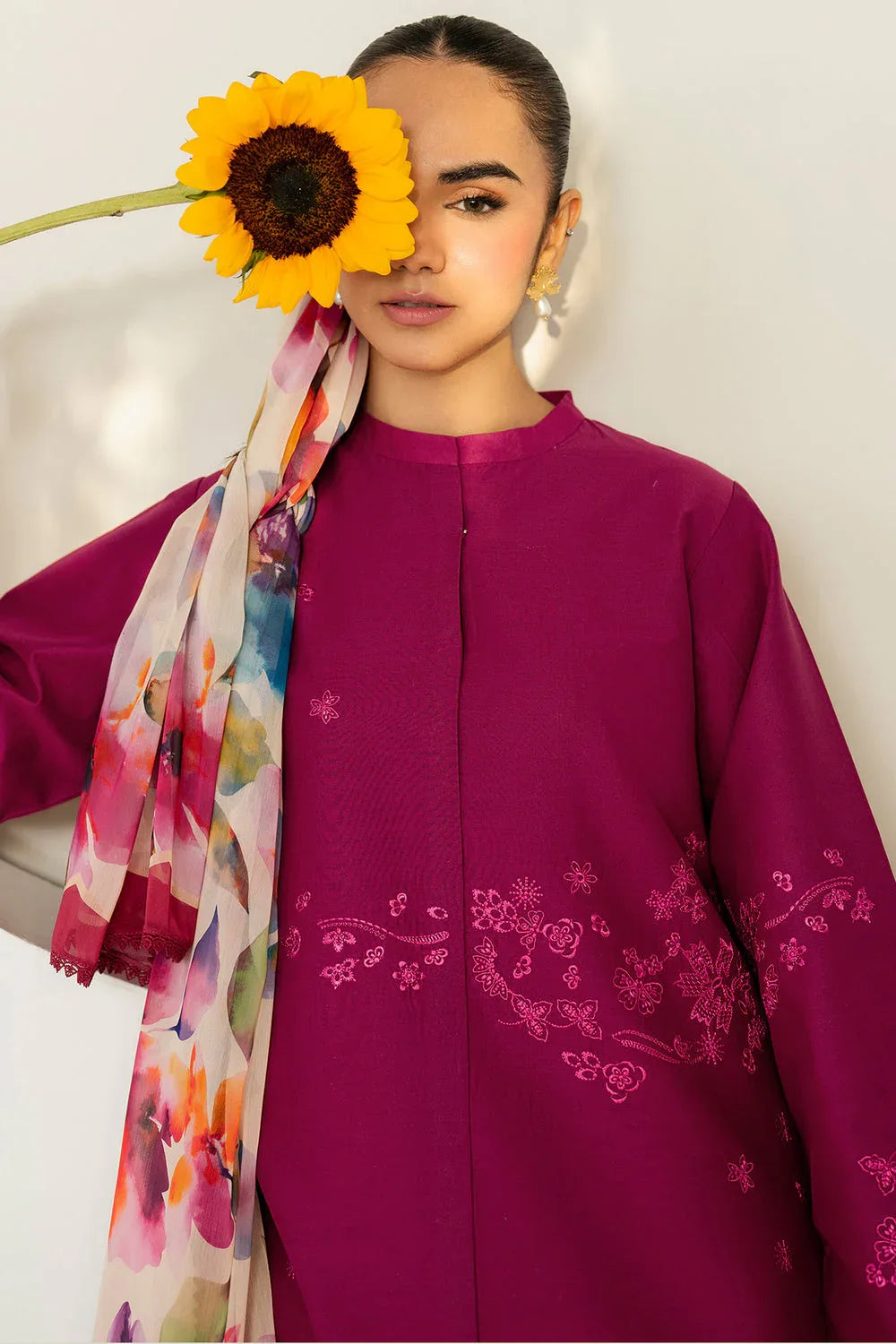 Farasha | Thread Lines Embroidered | Fuchsia Fern - Aqsa Fabrics