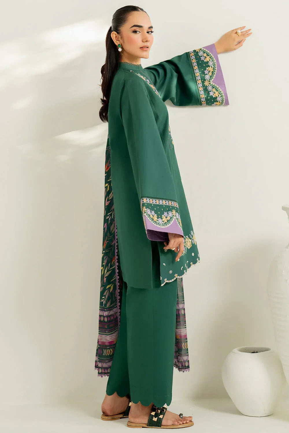 Farasha | Thread Lines Embroidered | Deep Pine - Aqsa Fabrics