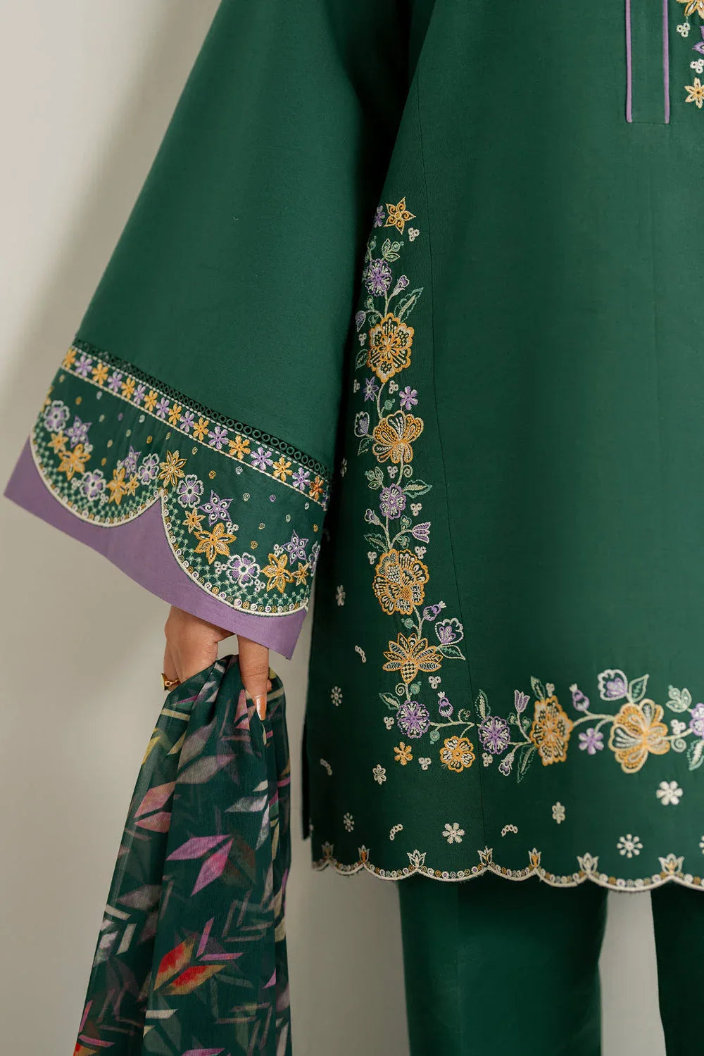 Farasha | Thread Lines Embroidered | Deep Pine - Aqsa Fabrics