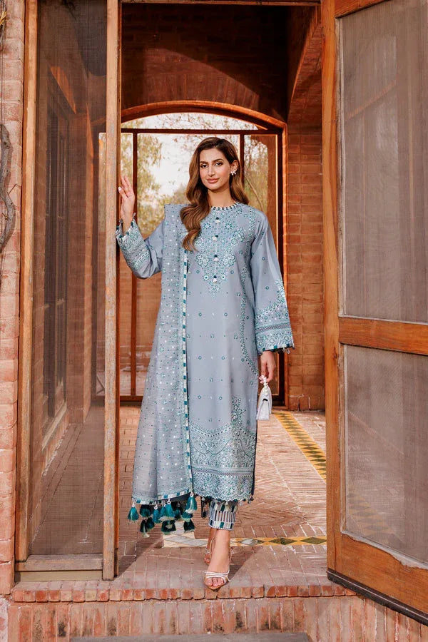 Farasha | Dastoor Embroidered Lawn SS24 | BERYL GREY - Aqsa Fabrics