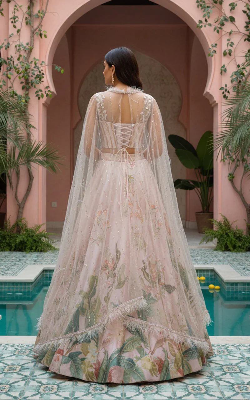 Embellished Blouse With Cape And Printed Lehenga