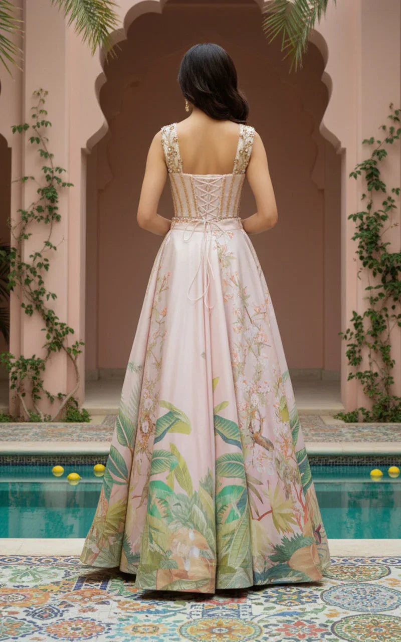 Embellished Blouse With Cape And Printed Lehenga