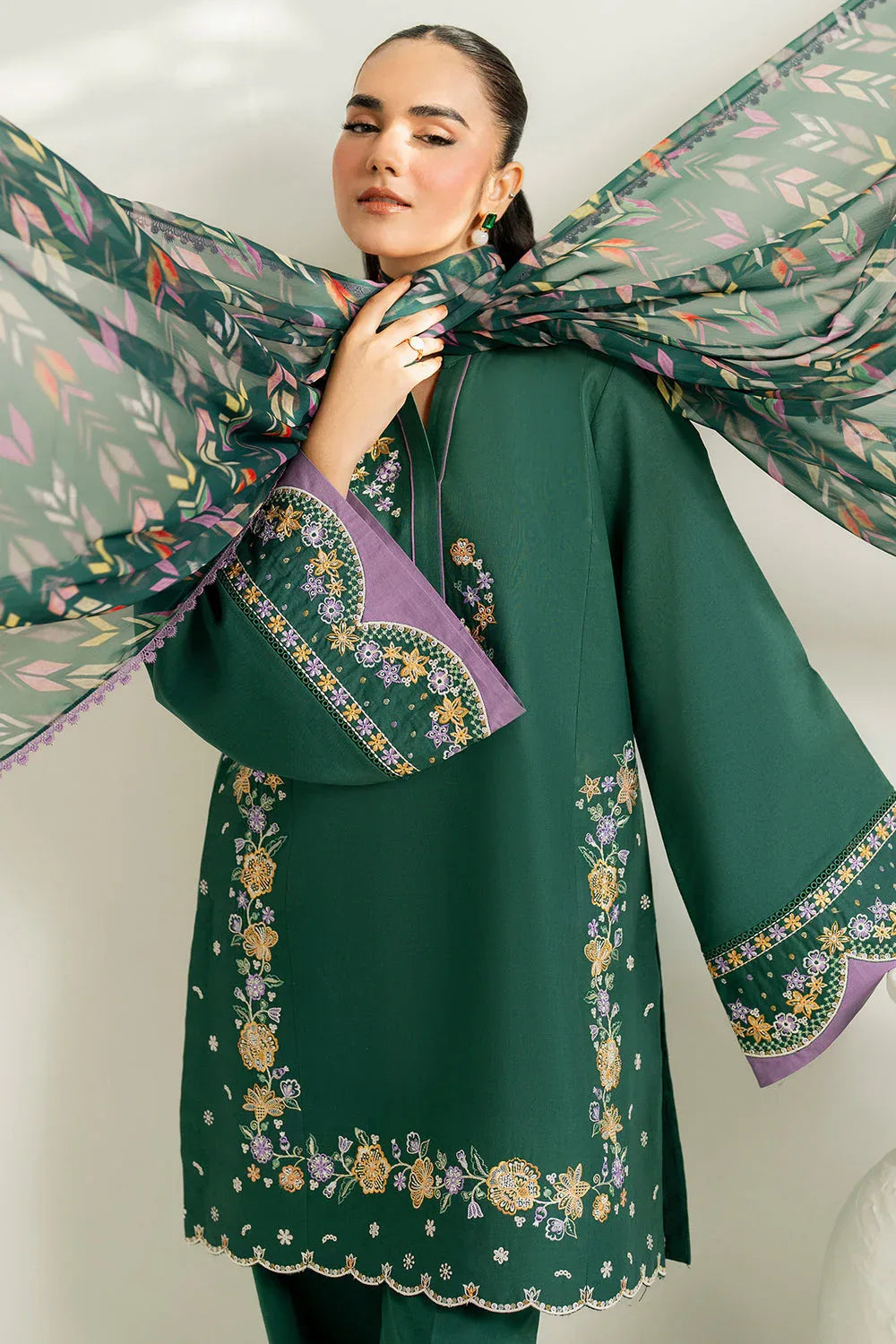 Farasha | Thread Lines Embroidered | Deep Pine - Aqsa Fabrics