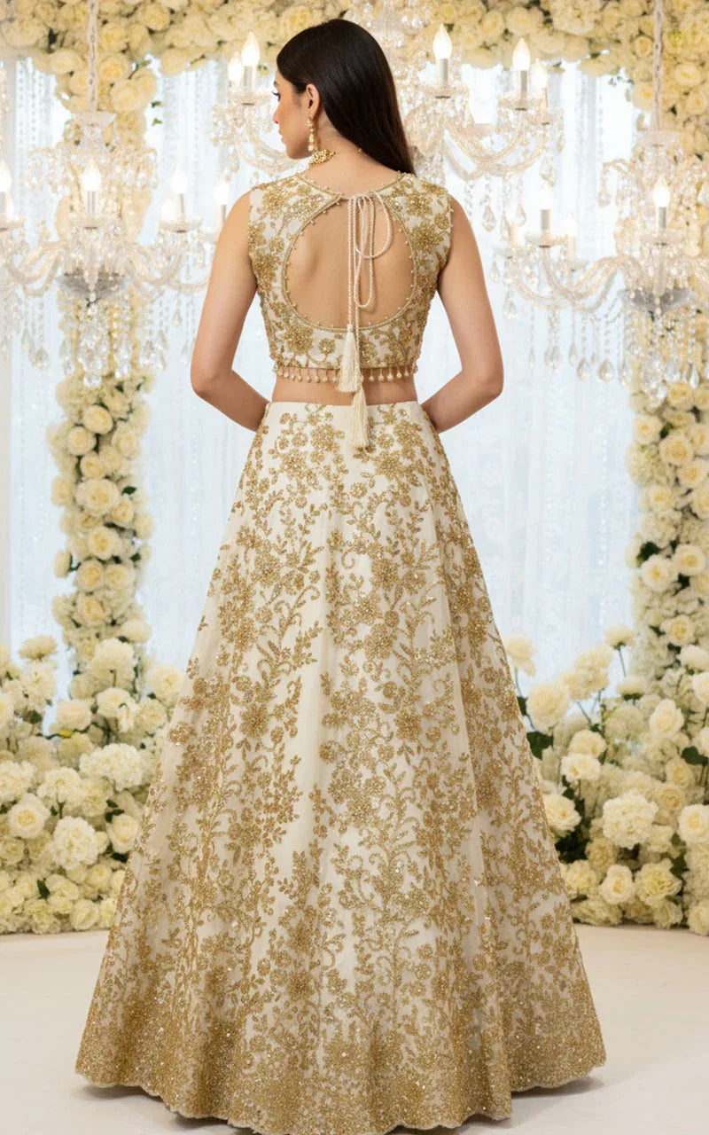 Net Embroidered Blouse With Lehenga