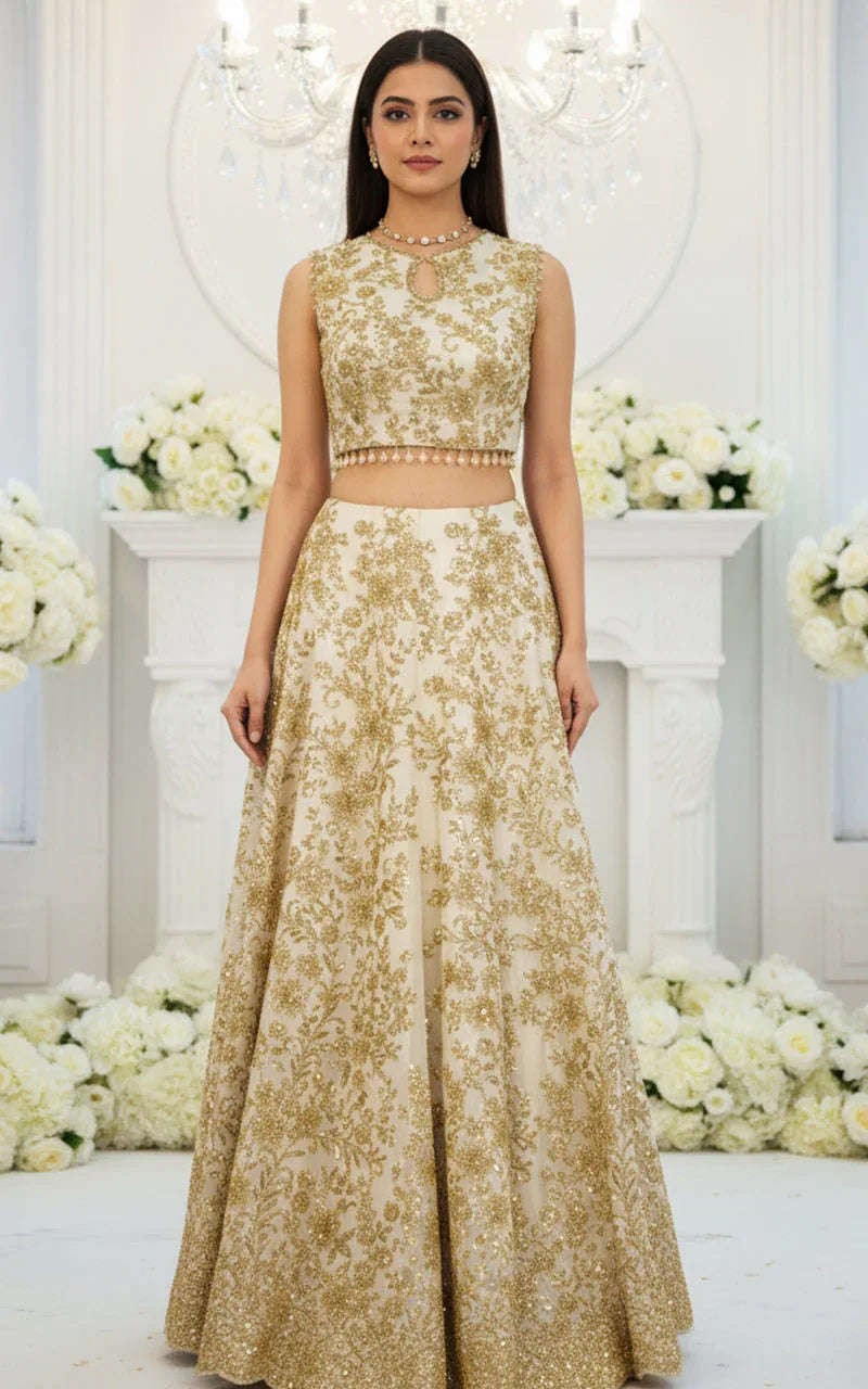 Net Embroidered Blouse With Lehenga