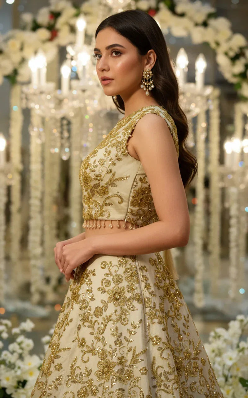 Net Embroidered Blouse With Lehenga