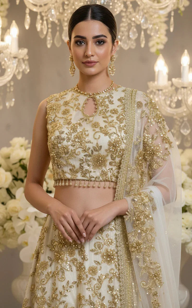 Net Embroidered Blouse With Lehenga
