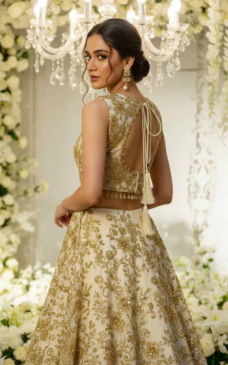 Net Embroidered Blouse With Lehenga