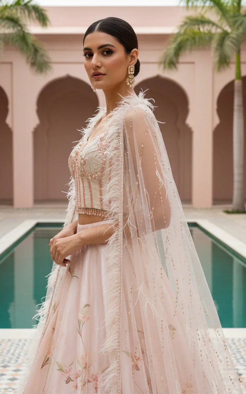 Embellished Blouse With Cape And Printed Lehenga