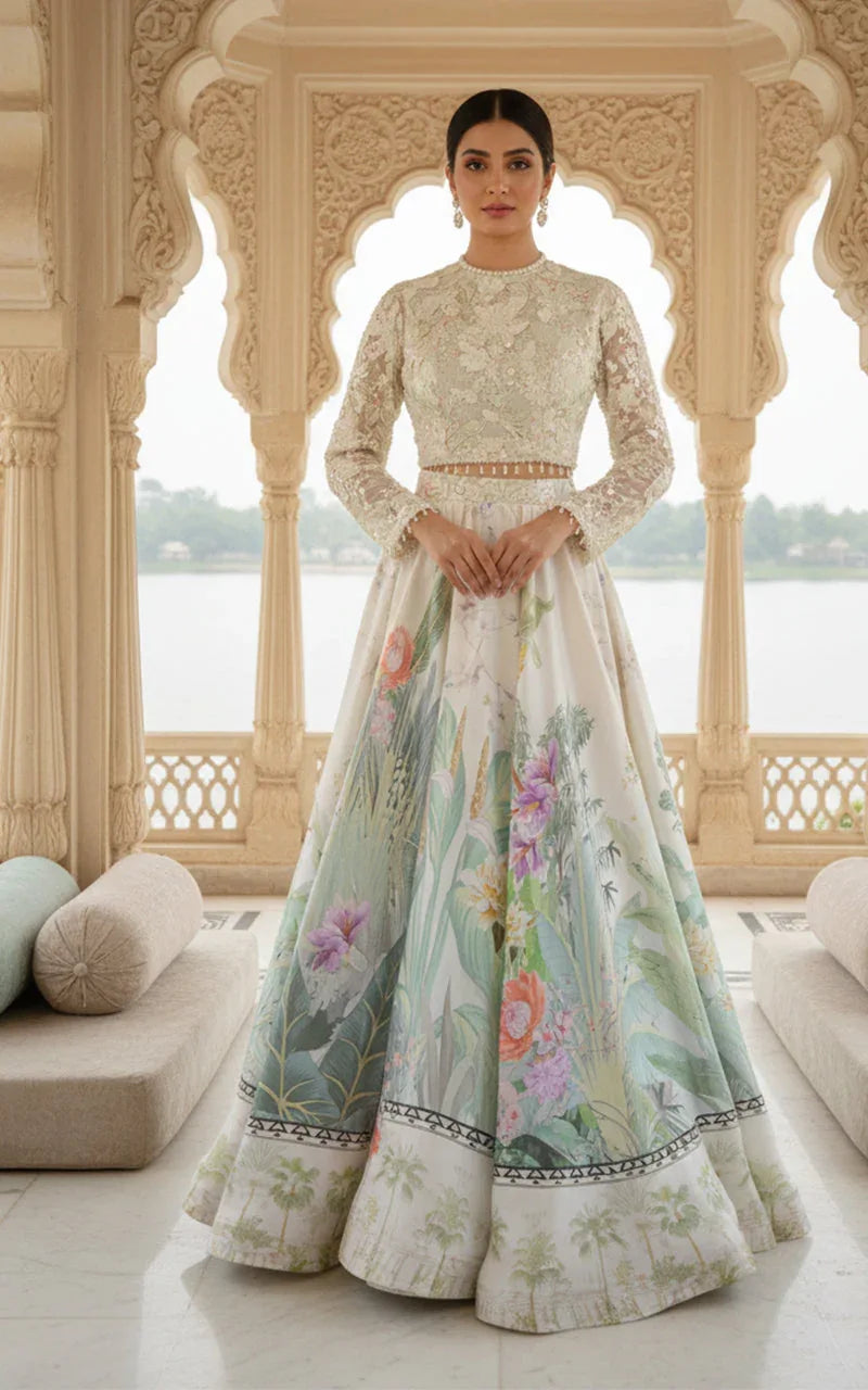 Embellished Blouse With Jacket And Printed Lehenga