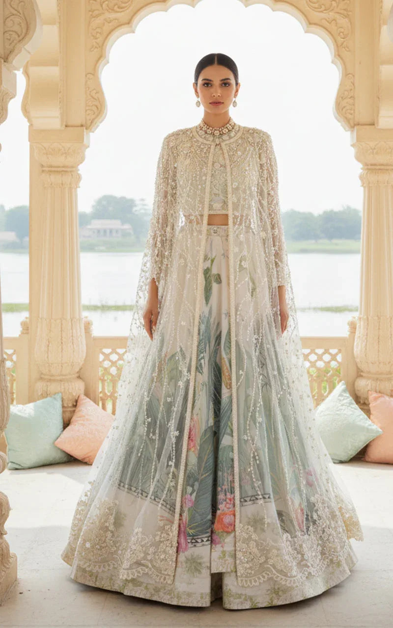 Embellished Blouse With Jacket And Printed Lehenga