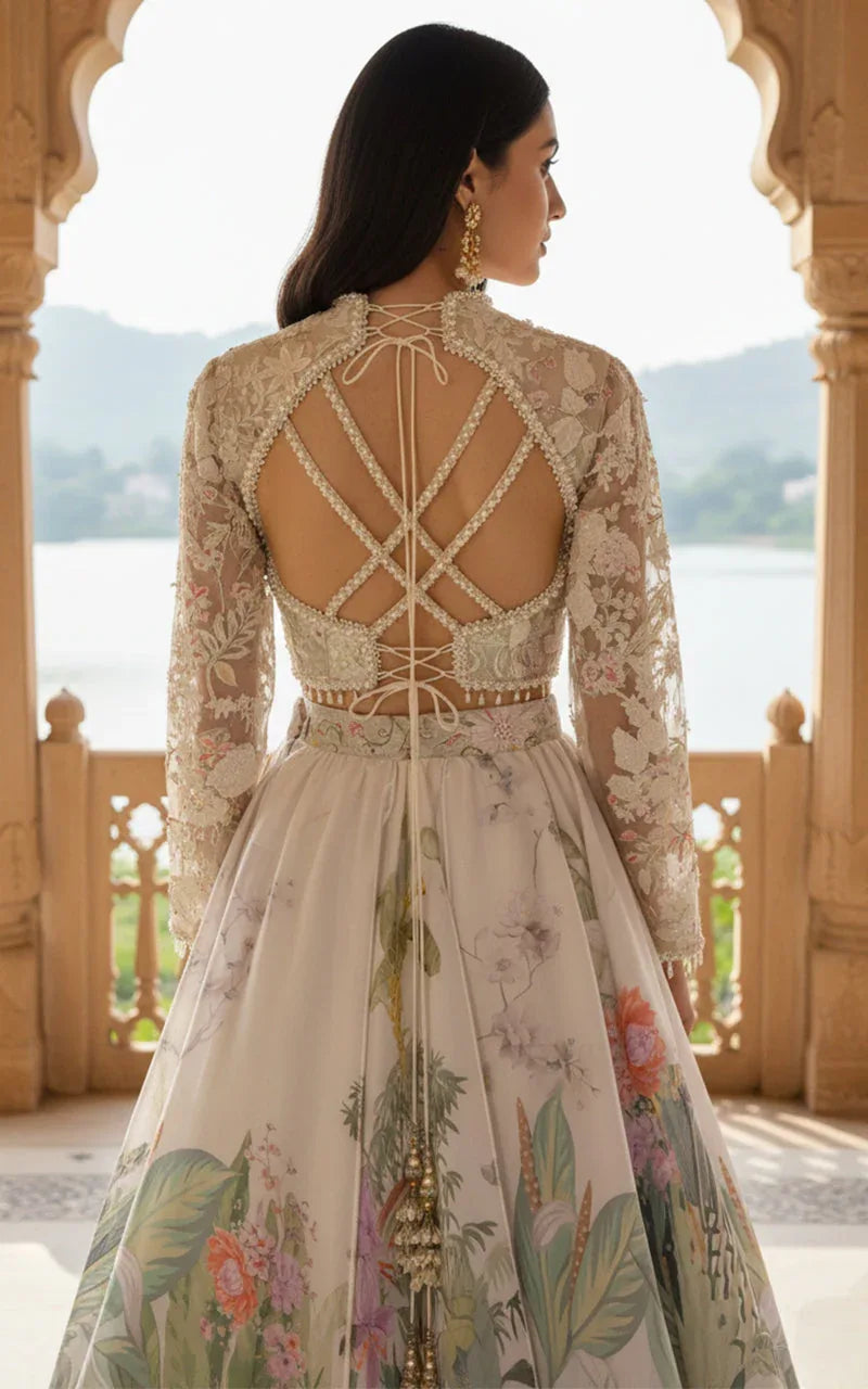 Embellished Blouse With Jacket And Printed Lehenga