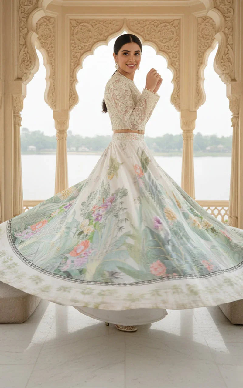 Embellished Blouse With Jacket And Printed Lehenga