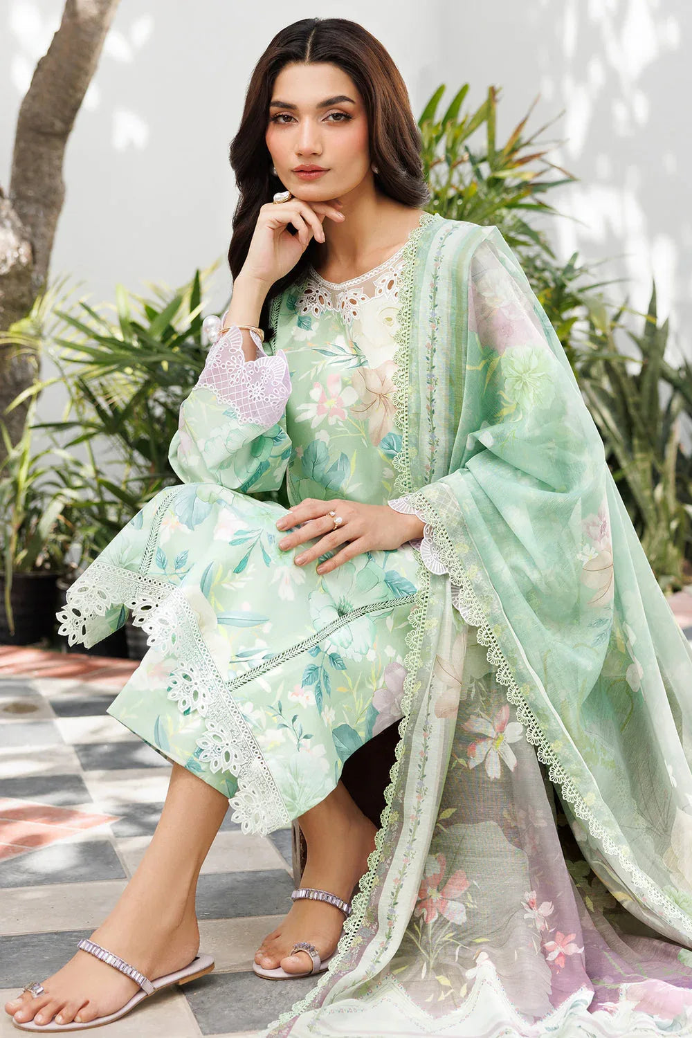 Farasha | Printed Essentials | Silken Sage - Aqsa Fabrics