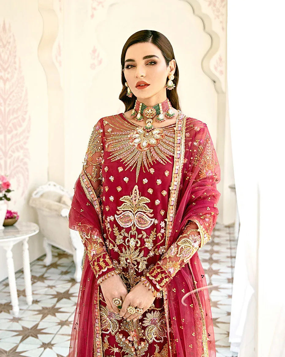 Gulaal | Wedding Formals | Rouge Embroidered Net 3-Piece Suit WS-06 - Aqsa Fabrics