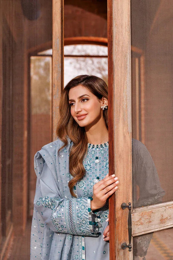 Farasha | Dastoor Embroidered Lawn SS24 | BERYL GREY - Aqsa Fabrics