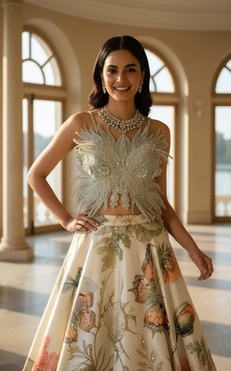 Embroidered Blouse With Embellished Printed Lehenga