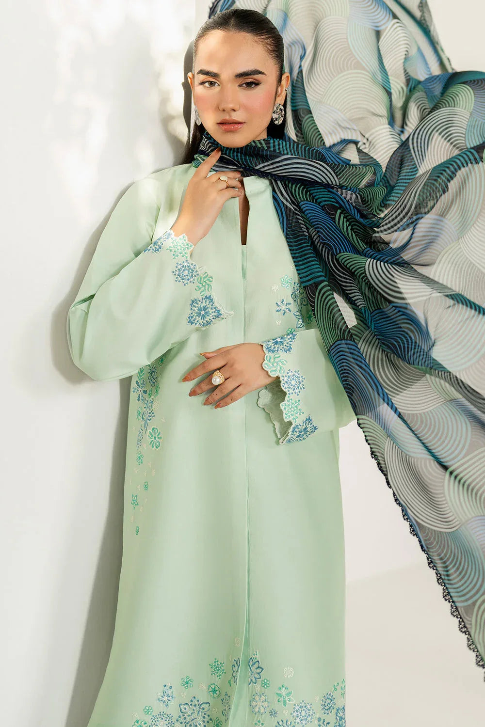 Farasha | Thread Lines Embroidered | Green Meadow - Aqsa Fabrics