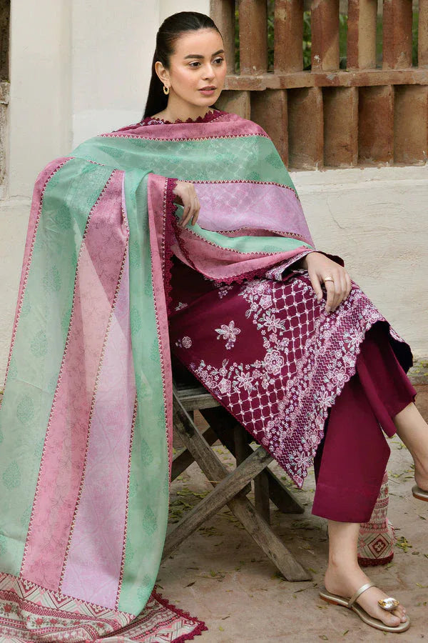 Farasha | Summer Weaves Embroidered Lawn | Satin Ruby - Aqsa Fabrics