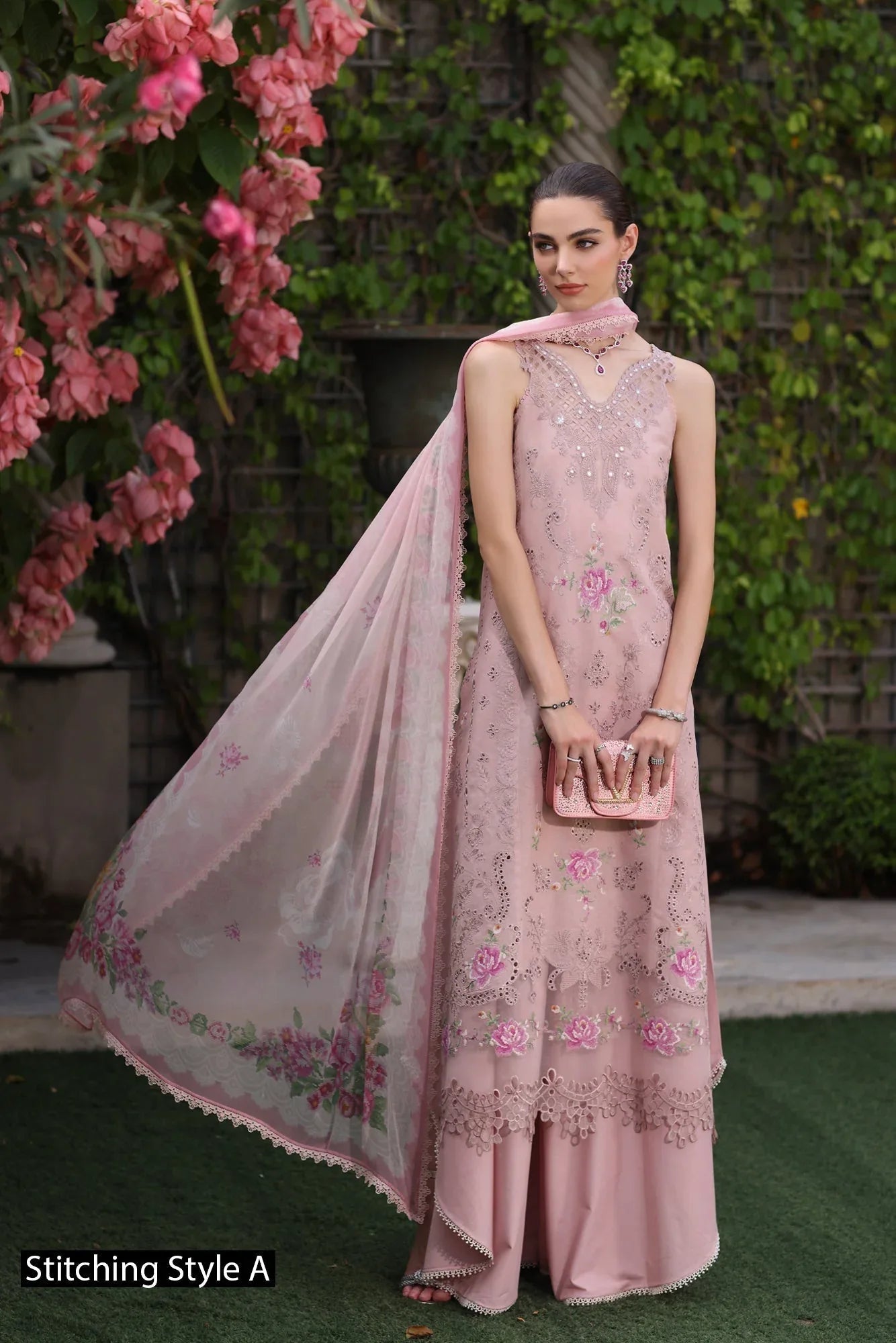 Noor by Saadia Asad | Eid Luxury Schiffli Laserkari 25 | D8- Pink - Aqsa Fabrics