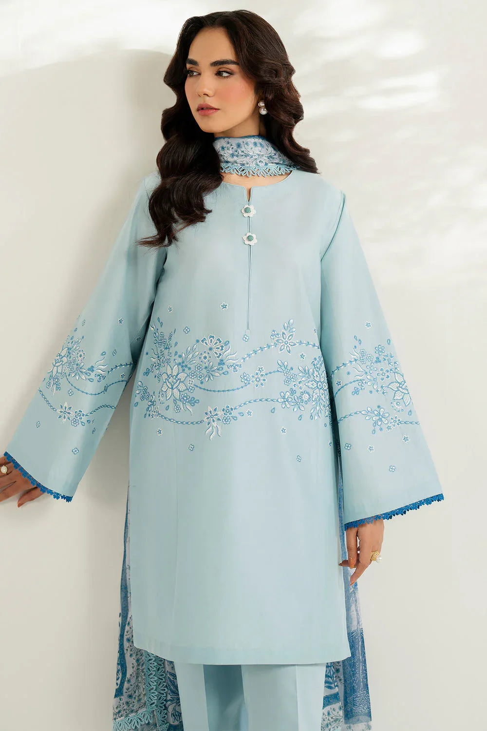 Farasha | Thread Lines Embroidered | Ash Mist - Aqsa Fabrics