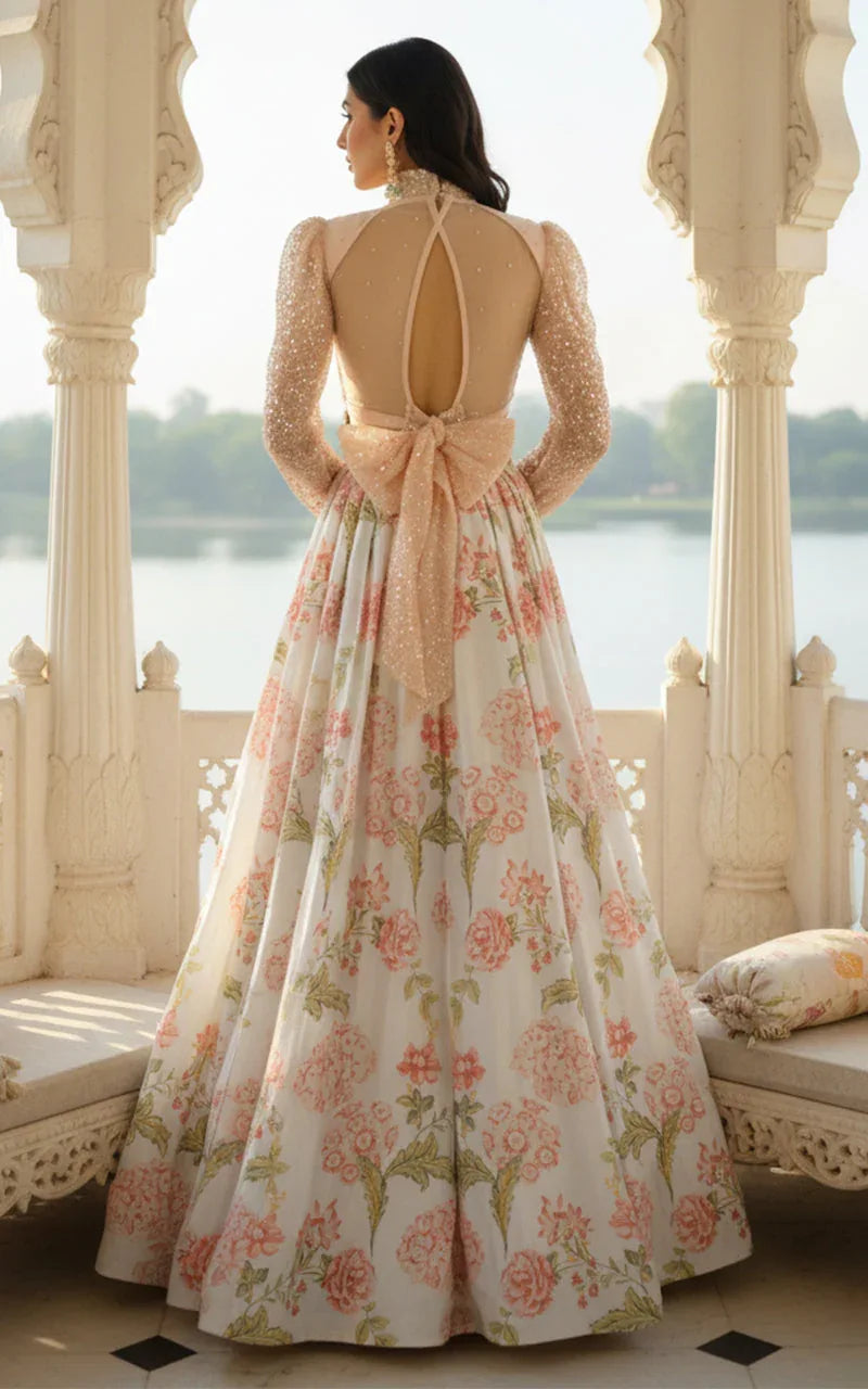 Embellished Blouse With Printed Lehenga