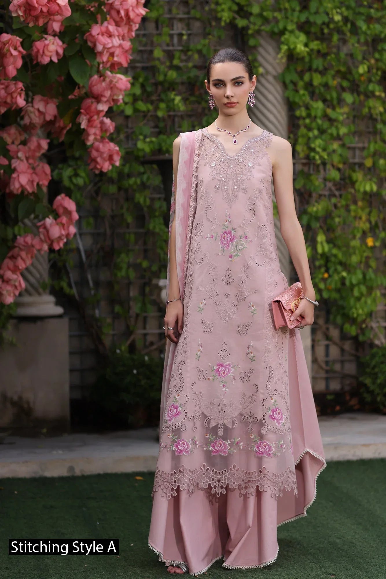 Noor by Saadia Asad | Eid Luxury Schiffli Laserkari 25 | D8- Pink - Aqsa Fabrics