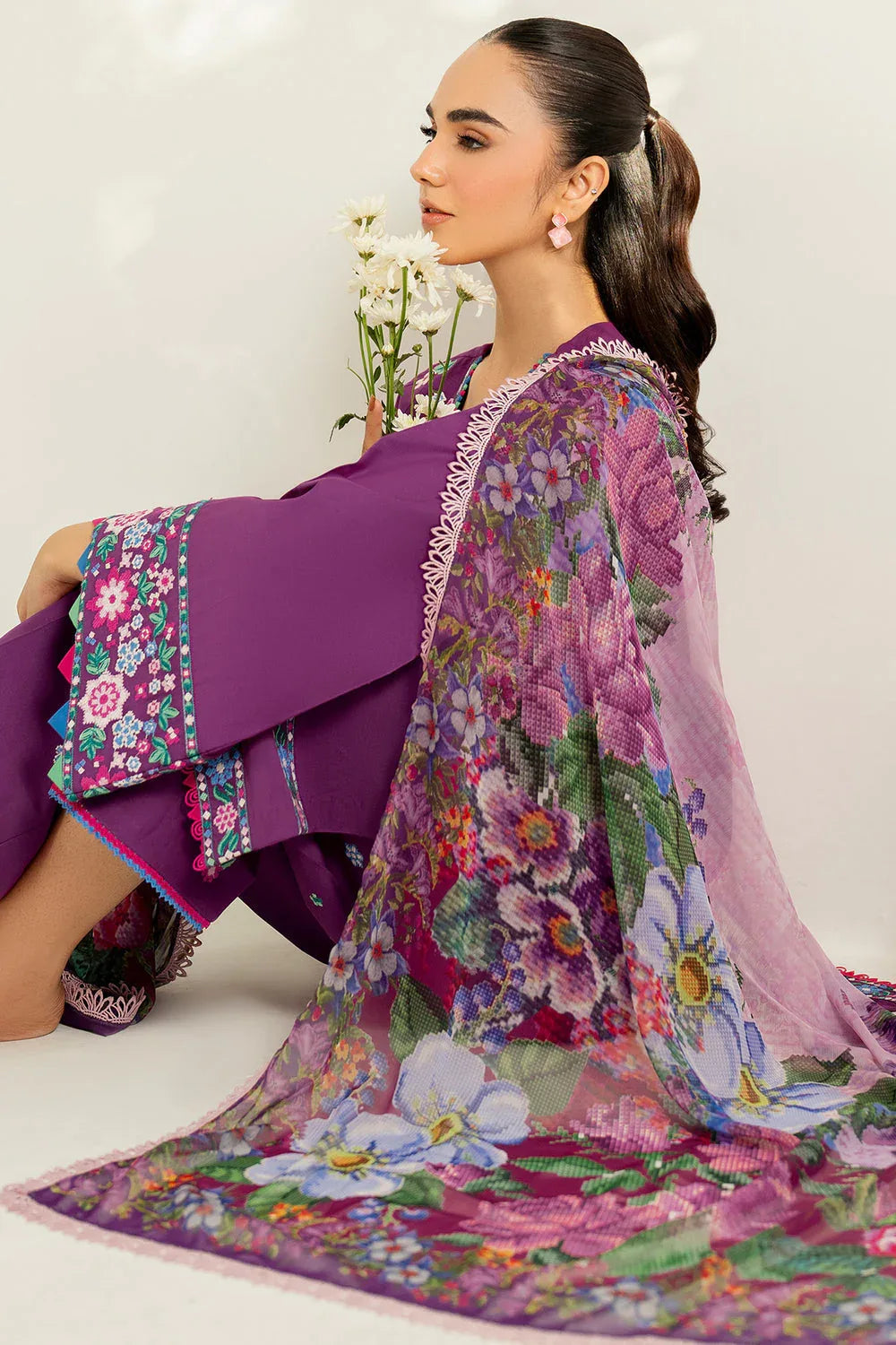 Farasha | Thread Lines Embroidered | Violet Spring - Aqsa Fabrics