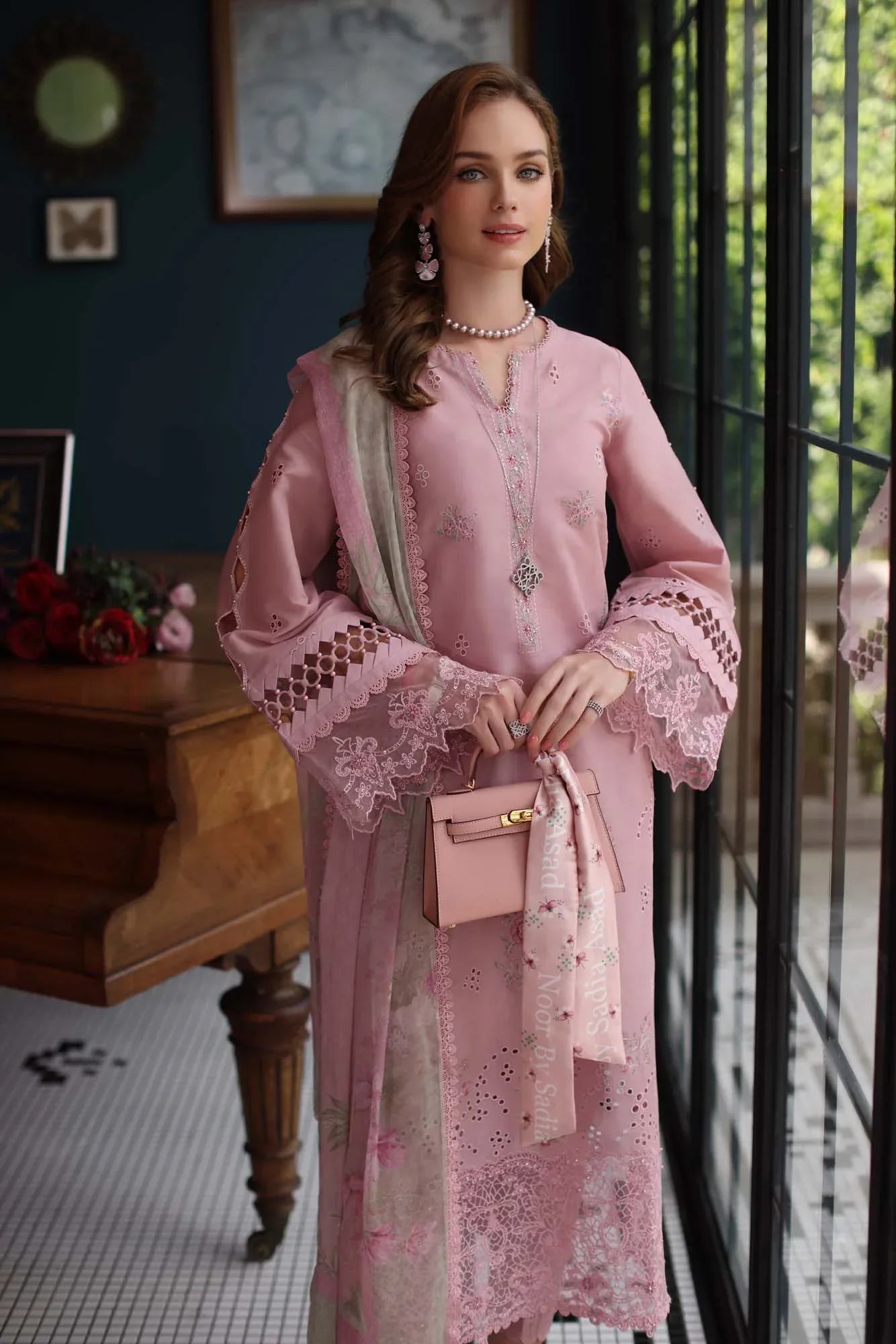 Noor by Saadia Asad | Eid Luxury Schiffli Laserkari 25 | D3- Blush Pink - Aqsa Fabrics
