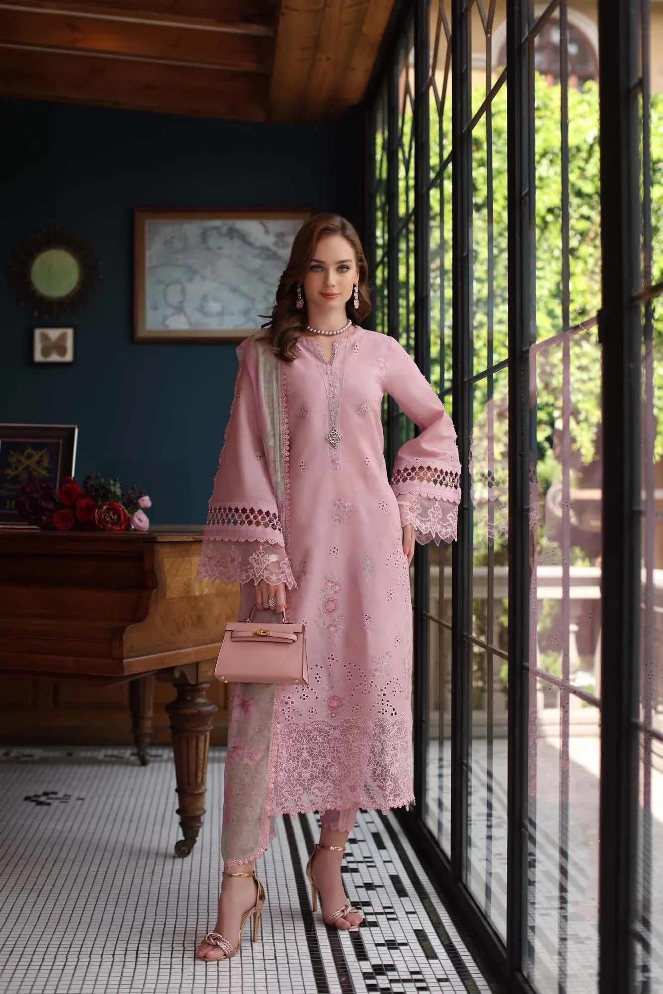 Noor by Saadia Asad | Eid Luxury Schiffli Laserkari 25 | D3- Blush Pink - Aqsa Fabrics