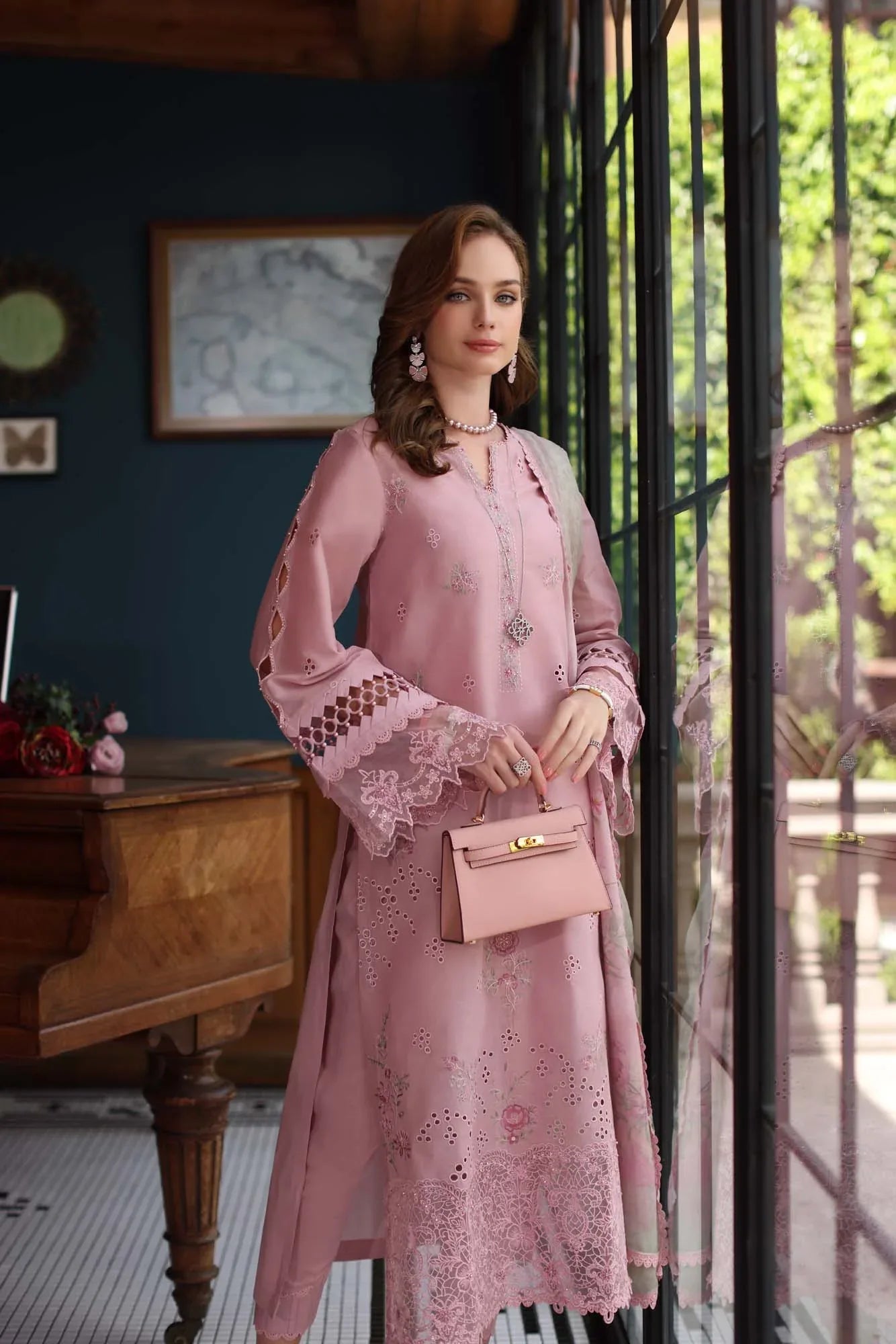 Noor by Saadia Asad | Eid Luxury Schiffli Laserkari 25 | D3- Blush Pink - Aqsa Fabrics