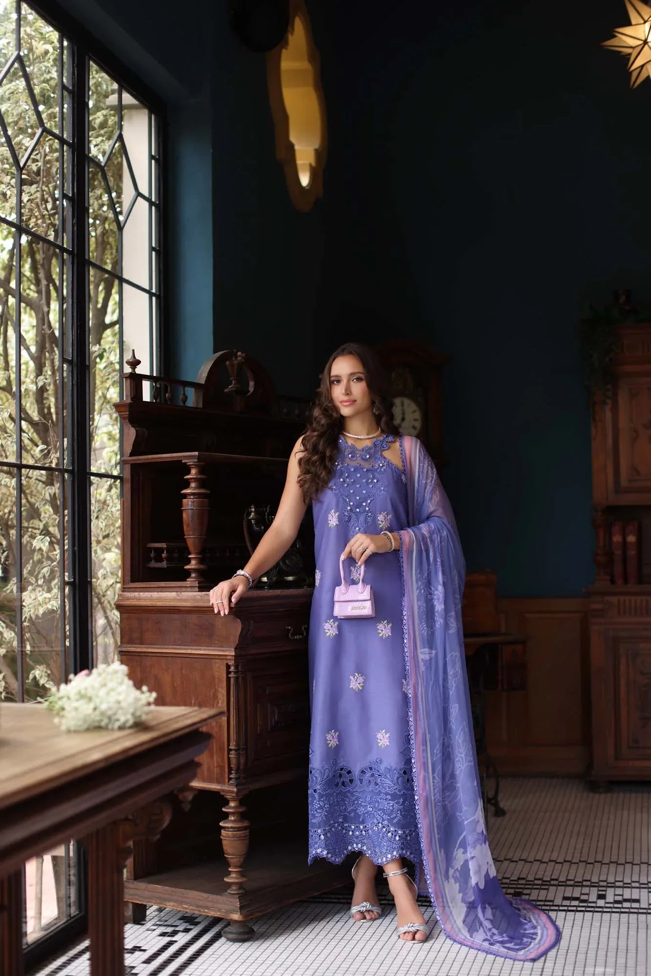 Noor by Saadia Asad | Eid Luxury Schiffli Laserkari 25 | D2- Indigo - Aqsa Fabrics