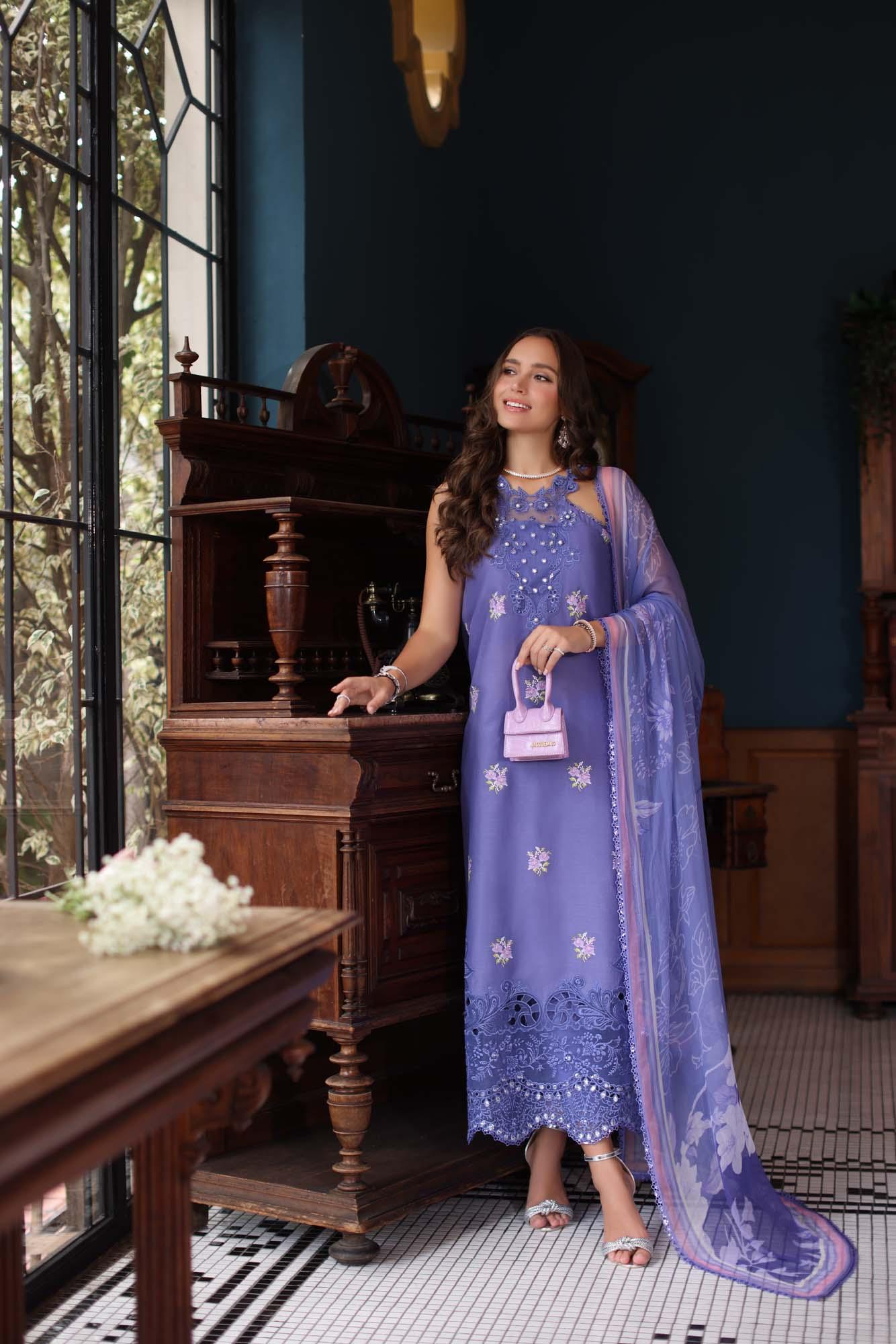Noor by Saadia Asad | Eid Luxury Schiffli Laserkari 25 | D2- Indigo - Aqsa Fabrics