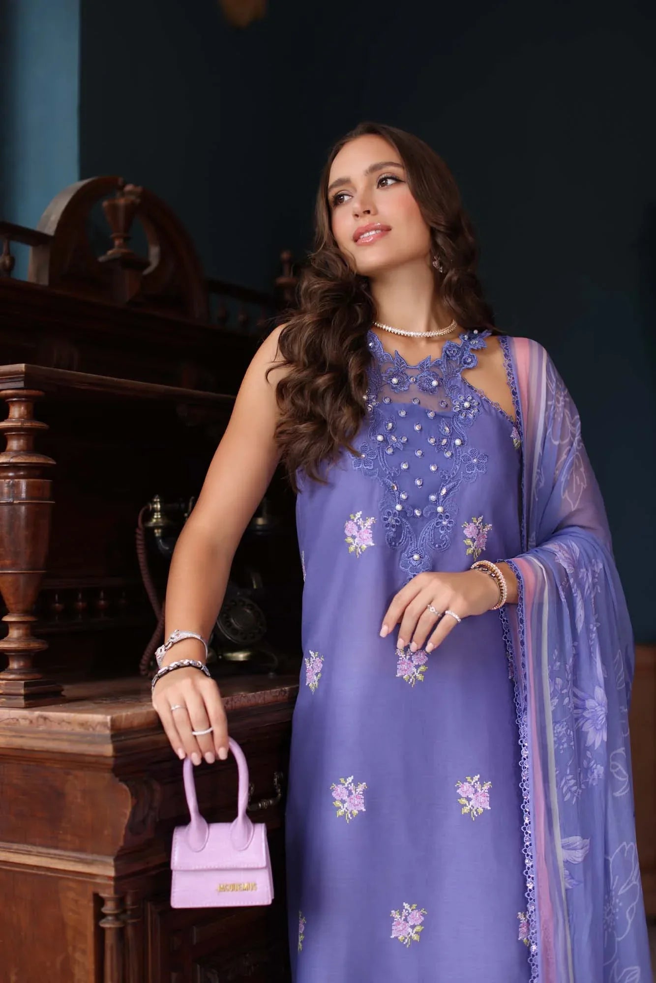 Noor by Saadia Asad | Eid Luxury Schiffli Laserkari 25 | D2- Indigo - Aqsa Fabrics