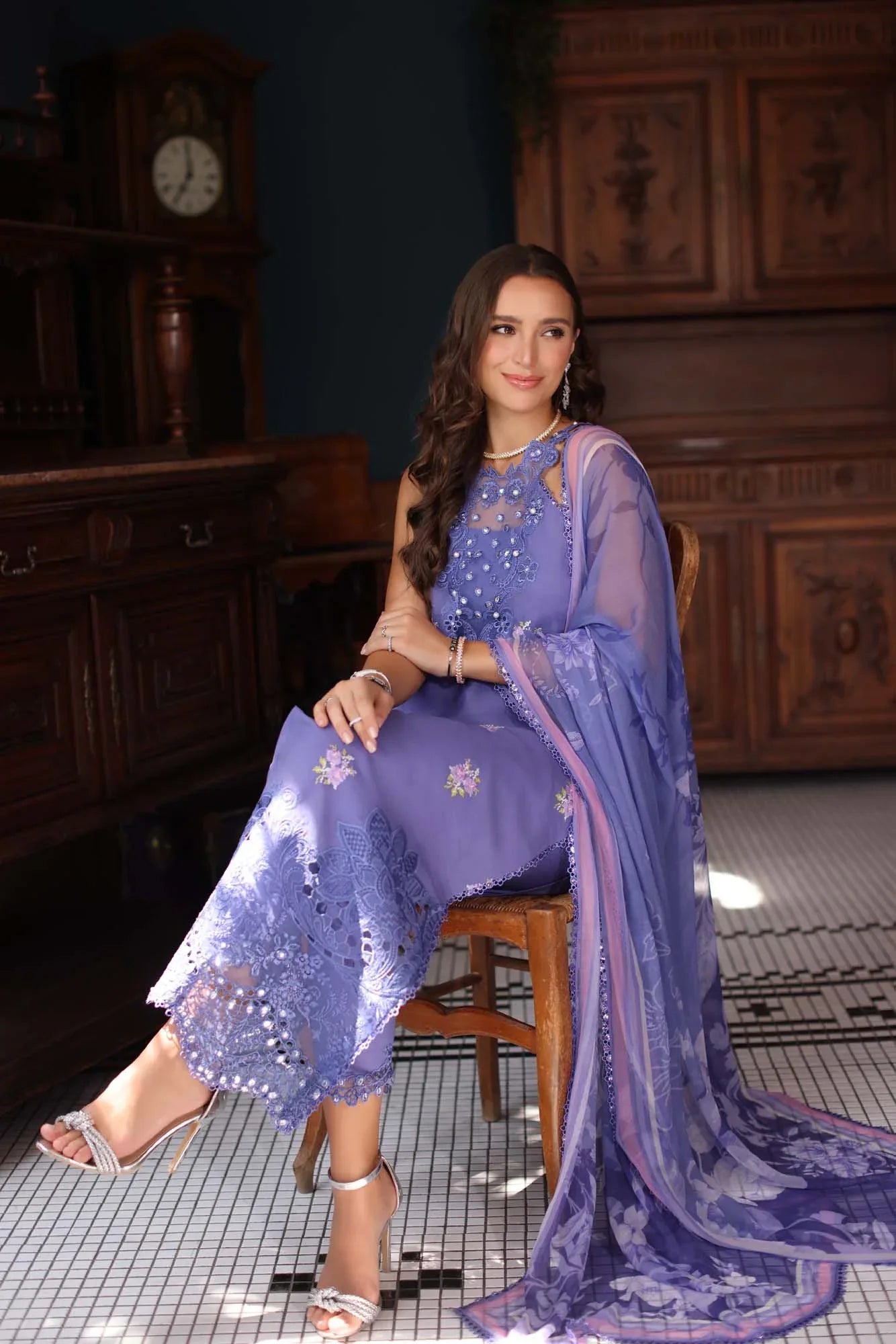 Noor by Saadia Asad | Eid Luxury Schiffli Laserkari 25 | D2- Indigo - Aqsa Fabrics