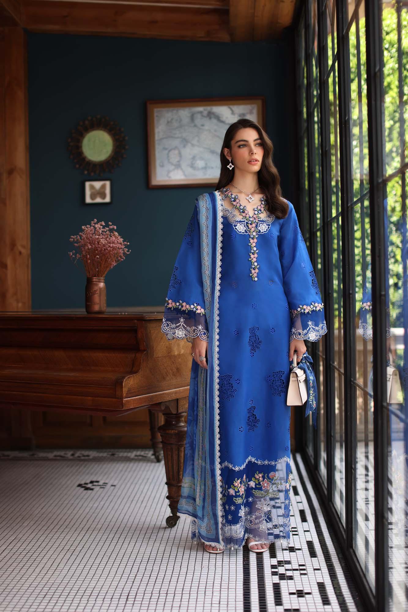 Noor by Saadia Asad | Eid Luxury Schiffli Laserkari 25 | D4- Ink Blue - Aqsa Fabrics