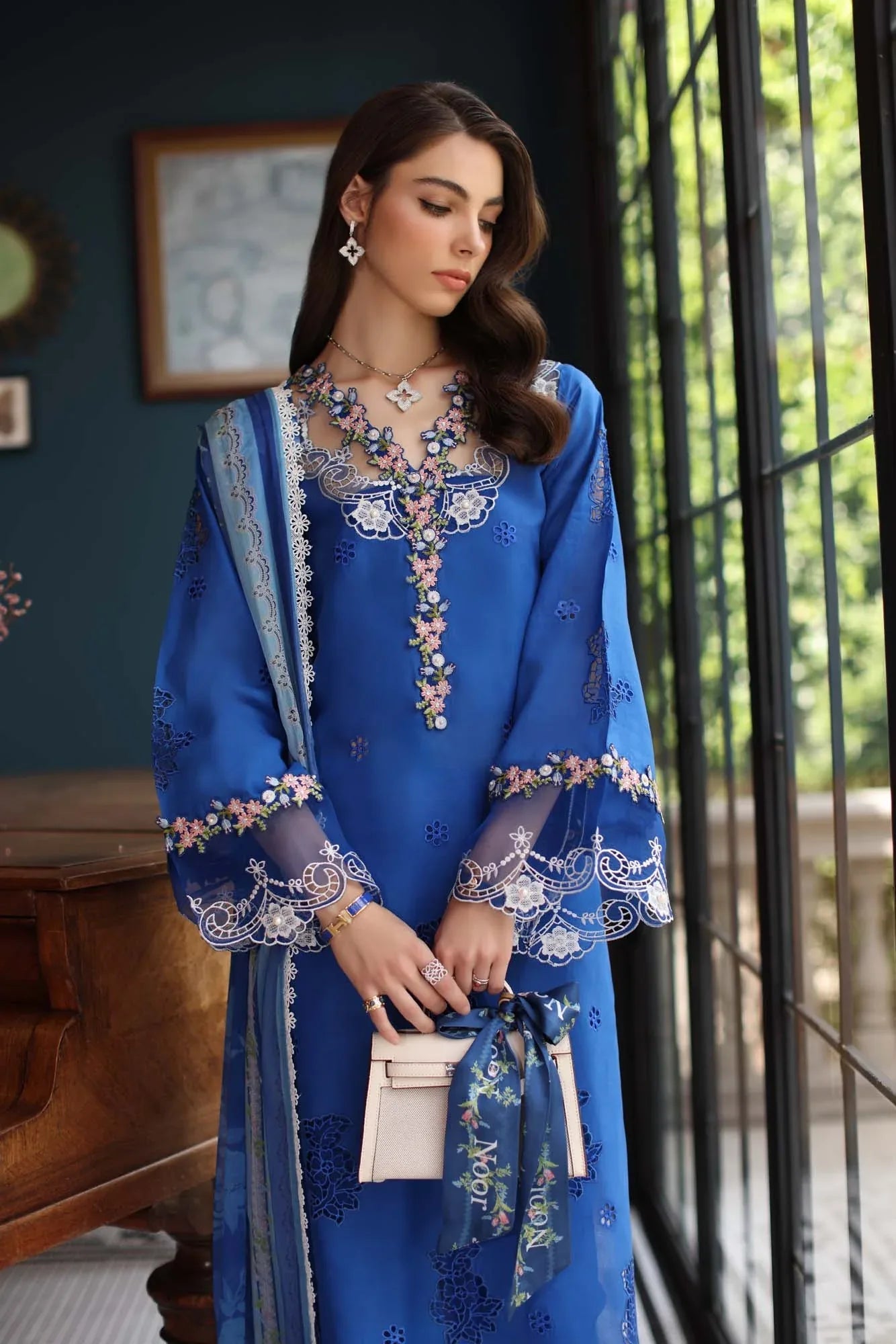 Noor by Saadia Asad | Eid Luxury Schiffli Laserkari 25 | D4- Ink Blue - Aqsa Fabrics