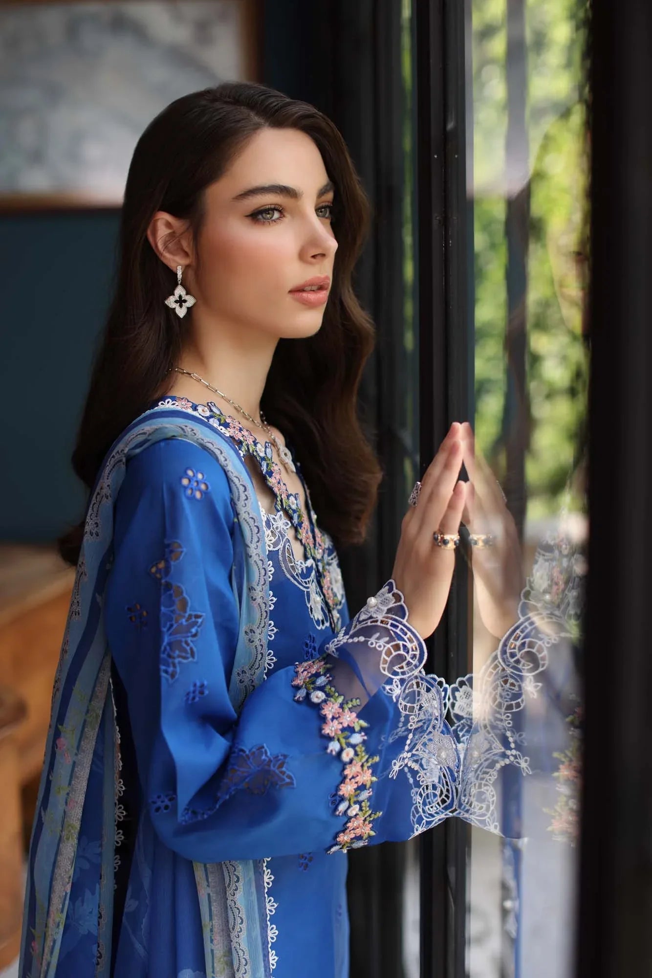 Noor by Saadia Asad | Eid Luxury Schiffli Laserkari 25 | D4- Ink Blue - Aqsa Fabrics