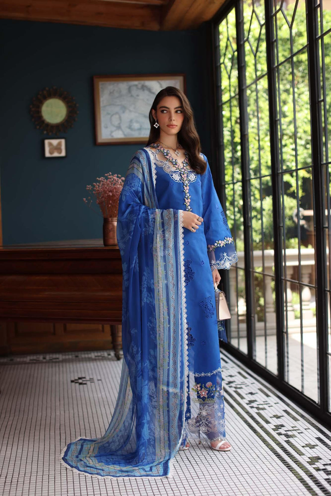Noor by Saadia Asad | Eid Luxury Schiffli Laserkari 25 | D4- Ink Blue - Aqsa Fabrics