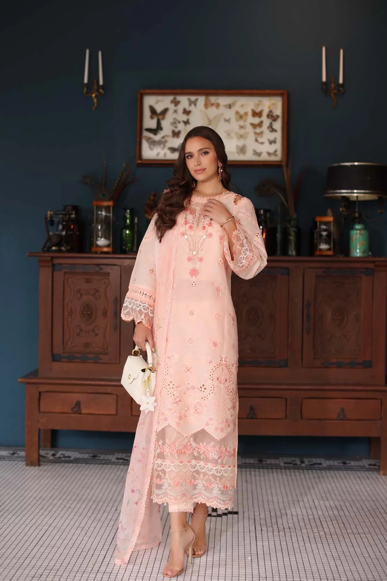 Noor by Saadia Asad | Eid Luxury Schiffli Laserkari 25 | D6- Peach - Aqsa Fabrics