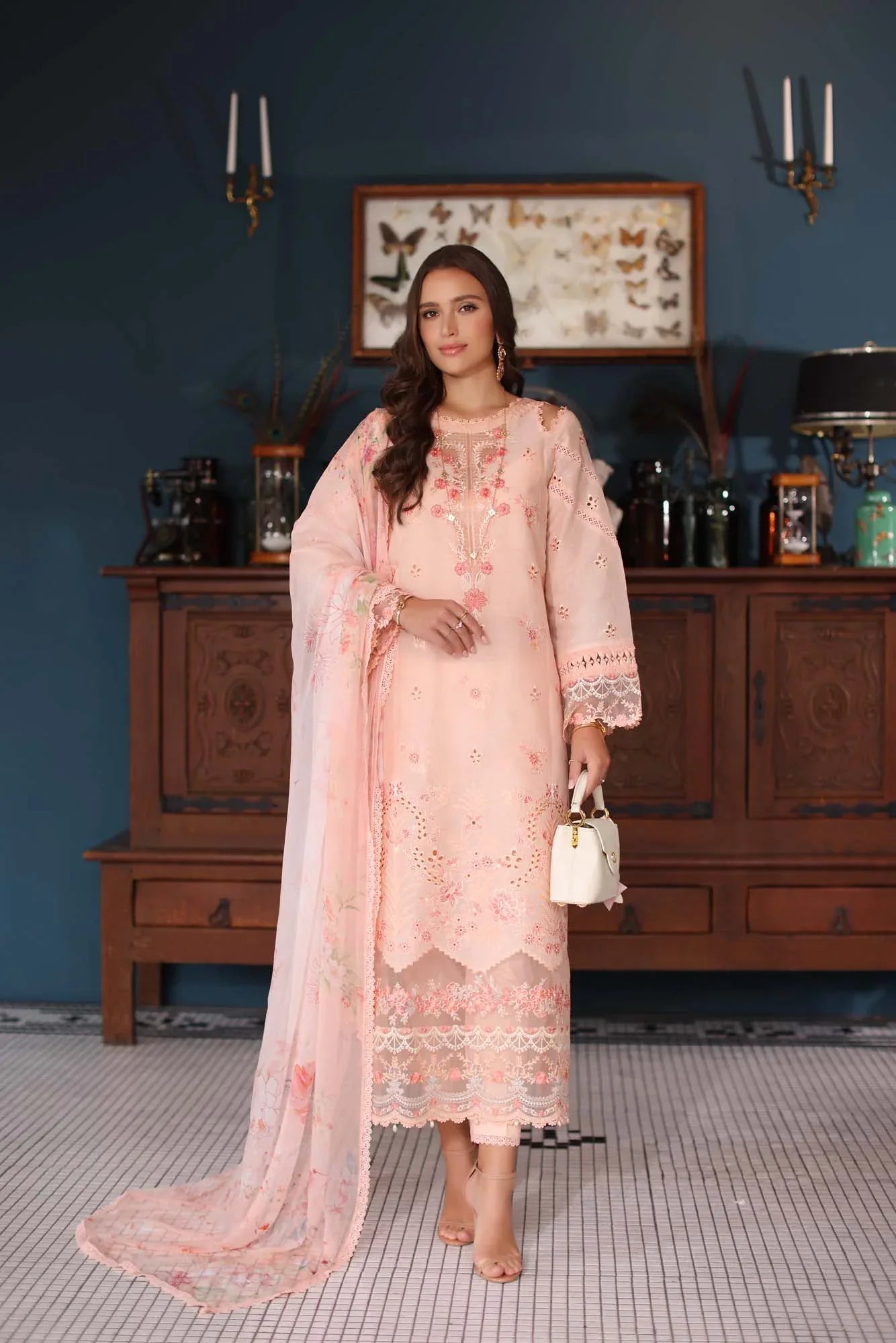 Noor by Saadia Asad | Eid Luxury Schiffli Laserkari 25 | D6- Peach - Aqsa Fabrics
