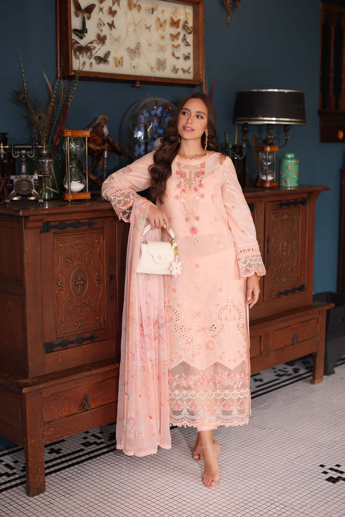 Noor by Saadia Asad | Eid Luxury Schiffli Laserkari 25 | D6- Peach - Aqsa Fabrics