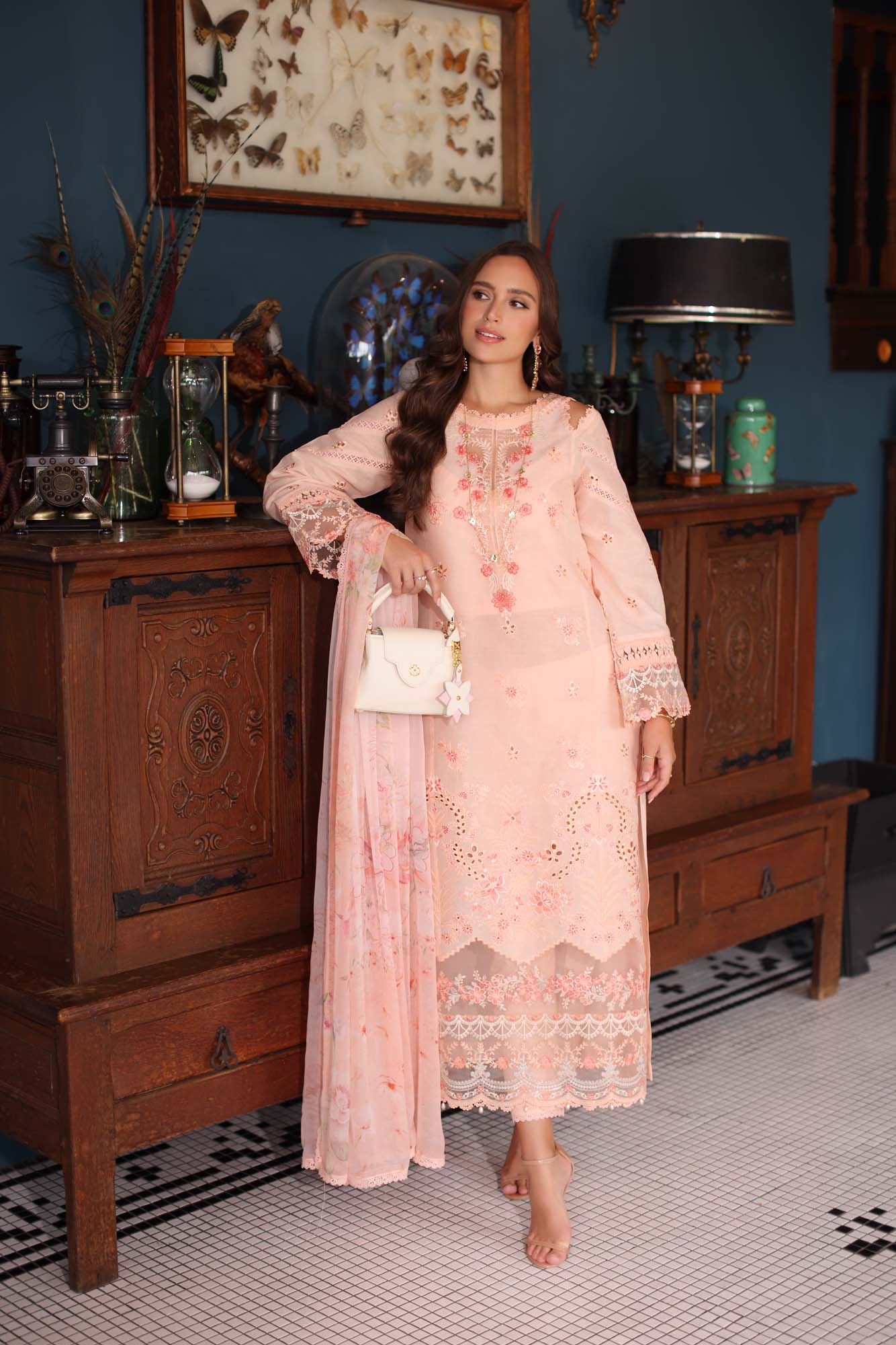 Noor by Saadia Asad | Eid Luxury Schiffli Laserkari 25 | D6- Peach - Aqsa Fabrics