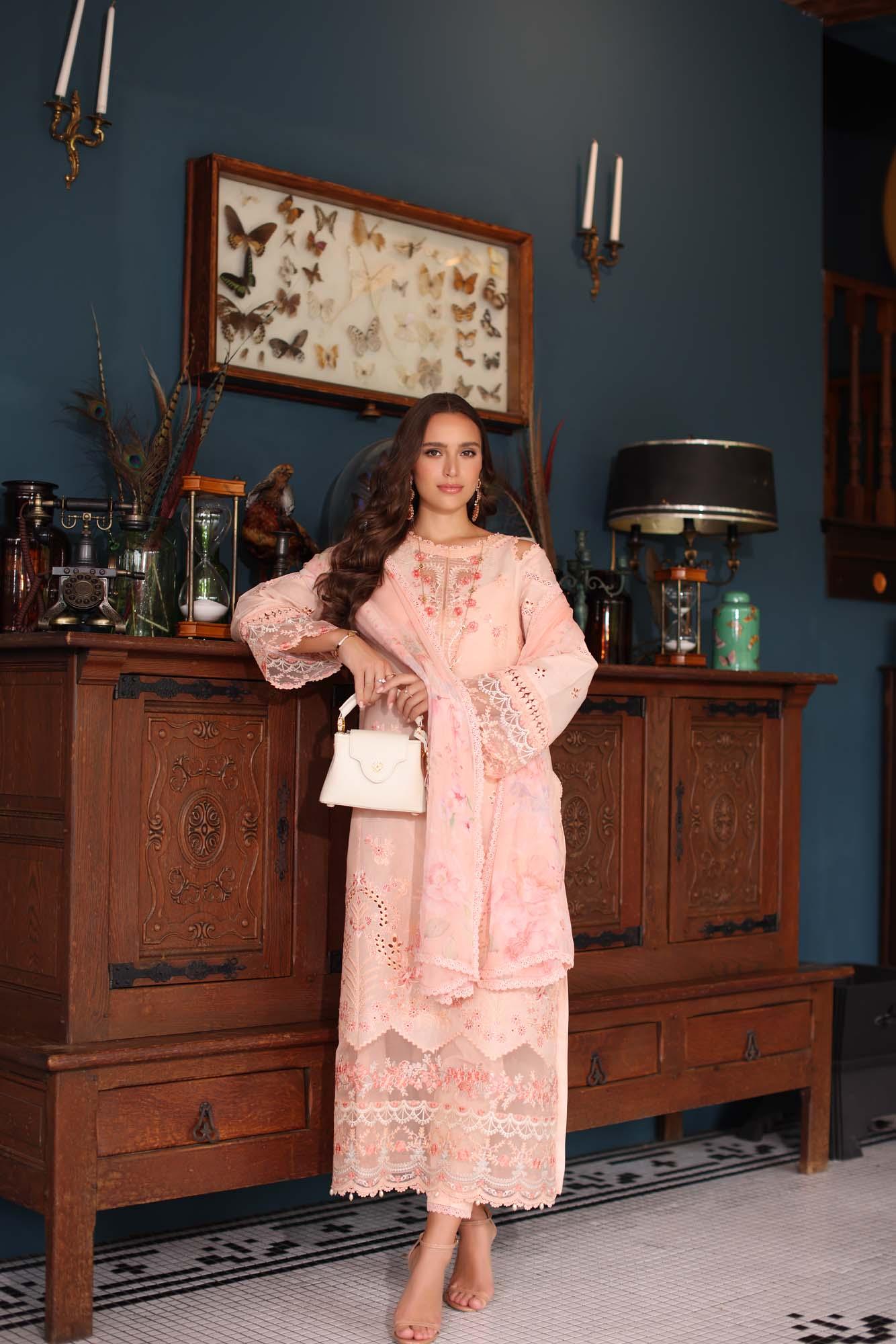 Noor by Saadia Asad | Eid Luxury Schiffli Laserkari 25 | D6- Peach - Aqsa Fabrics